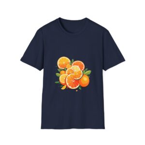 Alt Text: dark navy t-shirt with a colorful design of sliced oranges