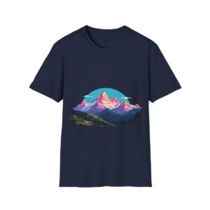 navy blue t-shirt with vibrant mountain graphic, pink peaks, and green landscape