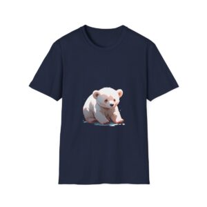 navy blue t-shirt with a cute bear cub illustration in the center