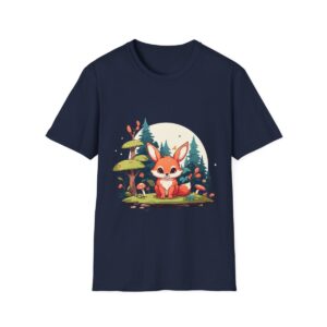 Dark navy blue t-shirt with a cute fox illustration in front of a forest scene