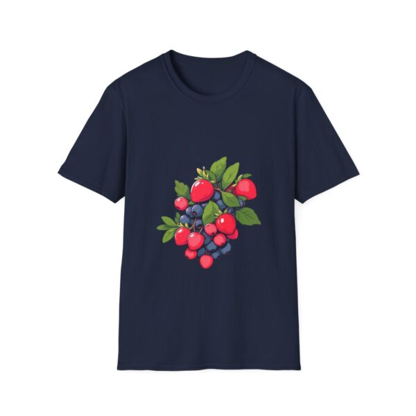 Navy blue t-shirt with a colorful berry design featuring red berries and green leaves