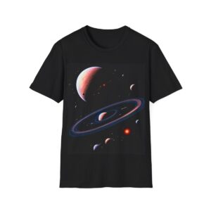 black t-shirt with space-themed design featuring planets and a ringed planet against a black background