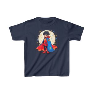 Superhero kid with cape standing confidently in front of a starry moon on a Kids Heavy Cotton Tee