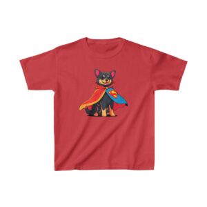 Kids Heavy Cotton Tee with a cartoon superhero dog wearing a cape and mask