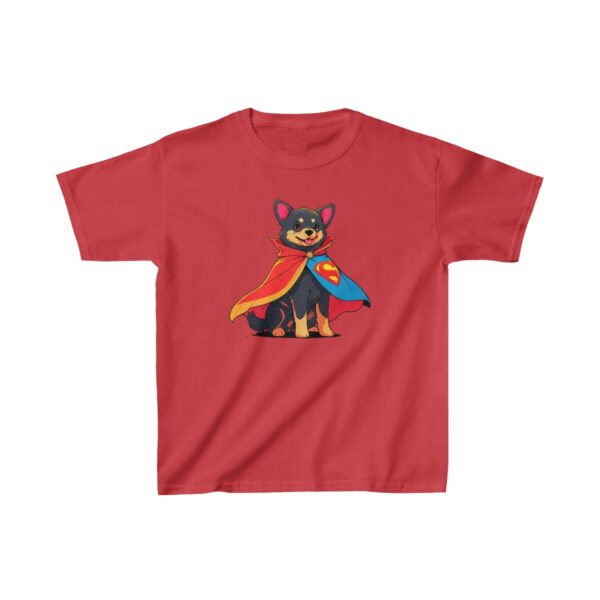 Kids Heavy Cotton Tee with a cartoon superhero dog wearing a cape and mask