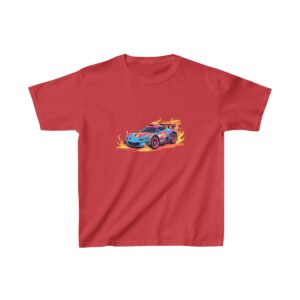 Kids Heavy Cotton Tee with a cartoon race car surrounded by flames