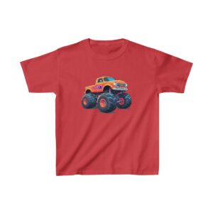 Kids Heavy Cotton Tee with an orange monster truck featuring large blue wheels