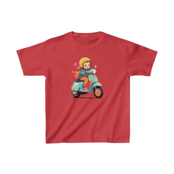 Kids Heavy Cotton Tee with child riding a scooter wearing a helmet and backpack