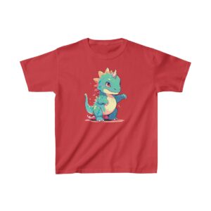 Cute baby iguanodon with small horns and playful stance on a Kids Heavy Cotton Tee