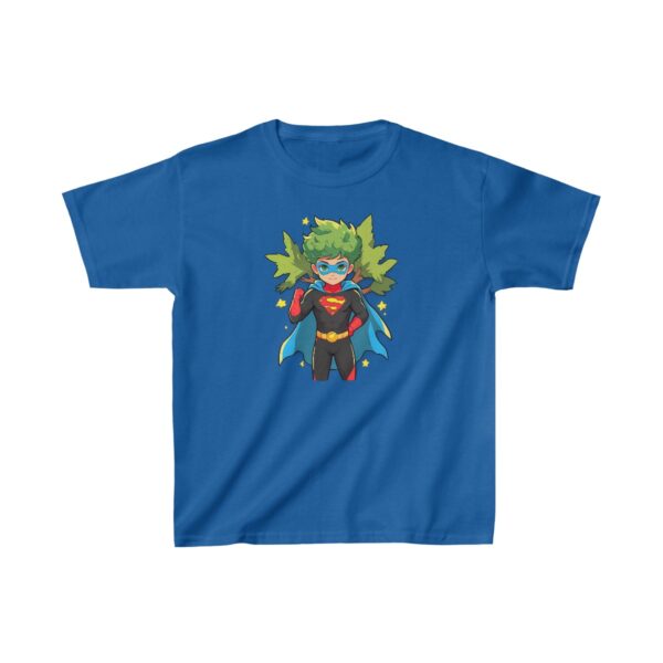 Superhero boy with cape and mask in a powerful stance on a Kids Heavy Cotton Tee