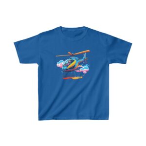 Kids Heavy Cotton Tee with a colorful cartoon helicopter flying among clouds