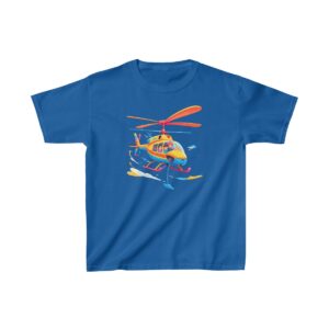 Kids Heavy Cotton Tee with a colorful cartoon helicopter in flight