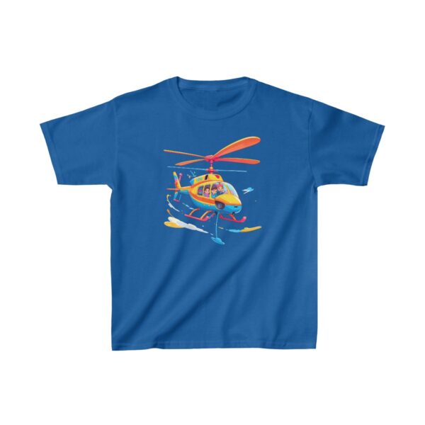 Kids Heavy Cotton Tee with a colorful cartoon helicopter in flight