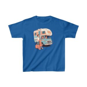 Kids Heavy Cotton Tee with a cartoon family standing next to an RV