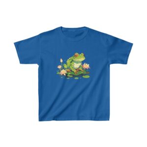 cute frog sitting on a lily pad with flowers on a kids tee