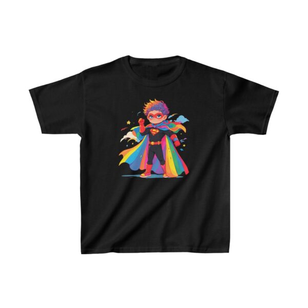 Superhero kid graphic with rainbow cape and mask on heavy cotton tee