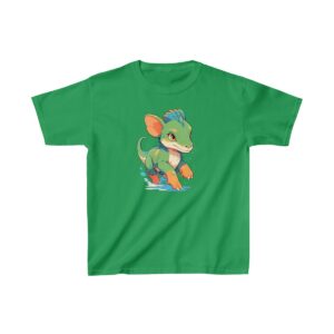 playful dinosaur running with vibrant colors on a kids tee