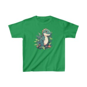 Cute baby brachiosaurus sitting among lush plants on a Kids Heavy Cotton Tee