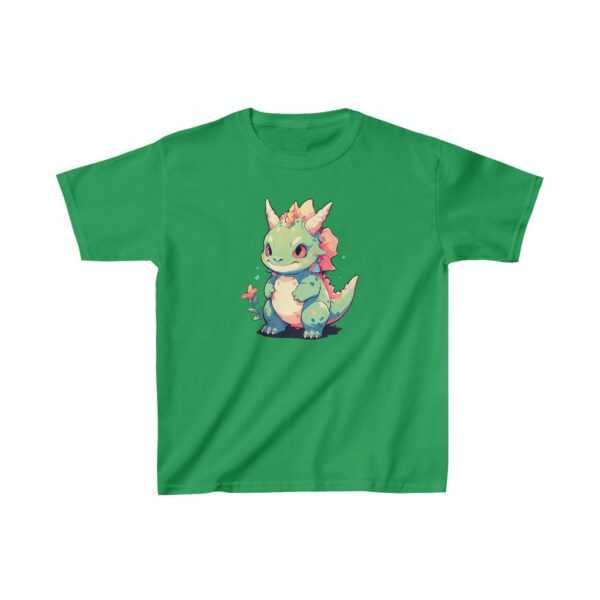 Cute baby carnotaurus with small horns and spiky back on a Kids Heavy Cotton Tee