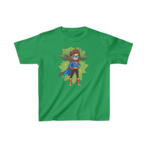 Superhero boy with cape and mask standing in front of trees on a Kids Heavy Cotton Tee