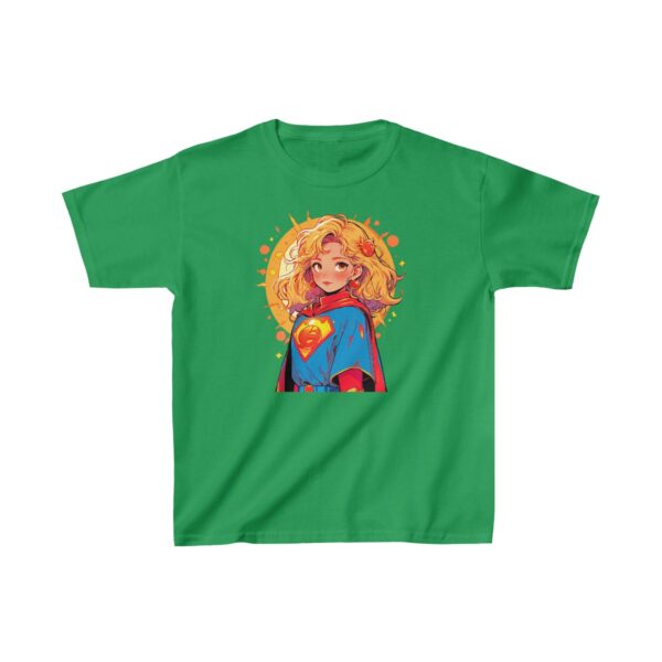 Superhero girl graphic with cape and emblem on heavy cotton tee