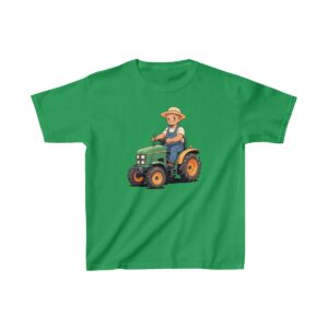 Kids Heavy Cotton Tee with a cartoon child driving a green tractor wearing a farmer's hat