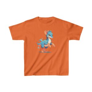 energetic blue dinosaur running on a kids tee with vibrant design