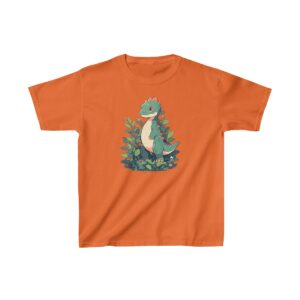 Cute baby brachiosaurus standing among plants on a Kids Heavy Cotton Tee