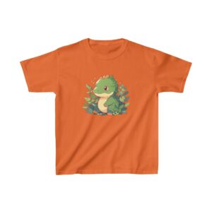 Cute baby apatosaurus surrounded by plants on a Kids Heavy Cotton Tee