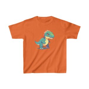 Cute baby allosaurus standing with a friendly expression on a Kids Heavy Cotton Tee