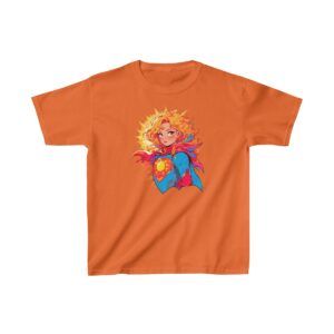 Superhero girl graphic with cape and flowing hair on heavy cotton tee