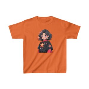 Superheroine graphic with short hair and starry outfit on heavy cotton tee