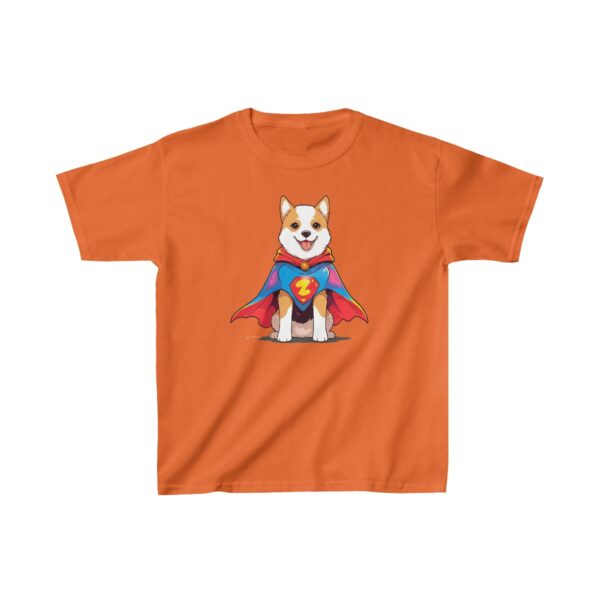 Kids Heavy Cotton Tee with a cartoon superhero dog wearing a red and blue cape