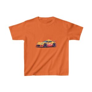 Kids Heavy Cotton Tee with a cartoon race car featuring flames on the side