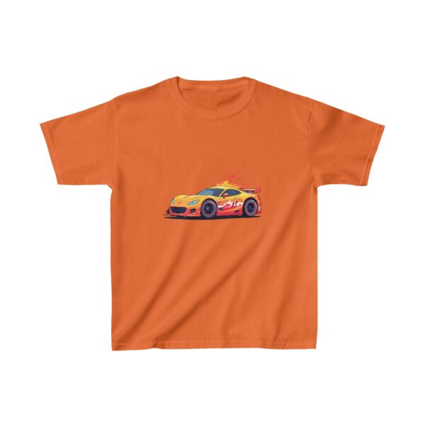 Kids Heavy Cotton Tee with a cartoon race car featuring flames on the side