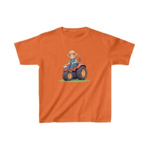 Kids Heavy Cotton Tee with a cartoon child driving an orange tractor