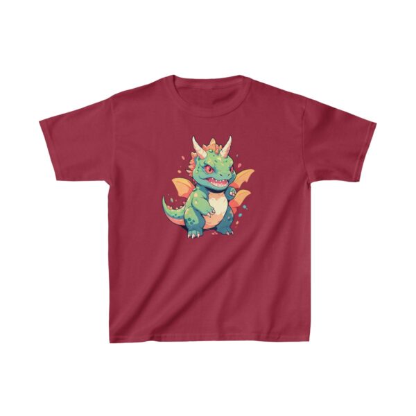 Cute baby carnotaurus with tiny wings on a Kids Heavy Cotton Tee