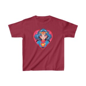 Superheroine graphic with heart emblem on heavy cotton tee