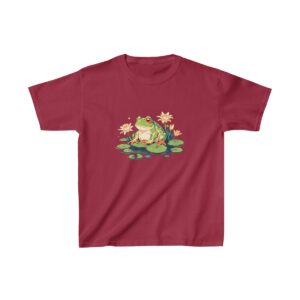 cute frog sitting on a lily pad surrounded by flowers on a kids tee