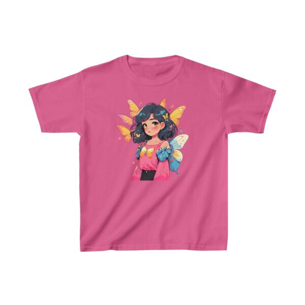 Superheroine graphic with colorful butterfly wings on heavy cotton tee