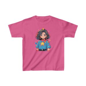 Superheroine graphic with short hair and star emblem on heavy cotton tee