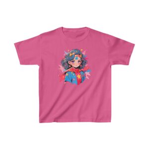 Superheroine graphic with short hair and starry cape on heavy cotton tee