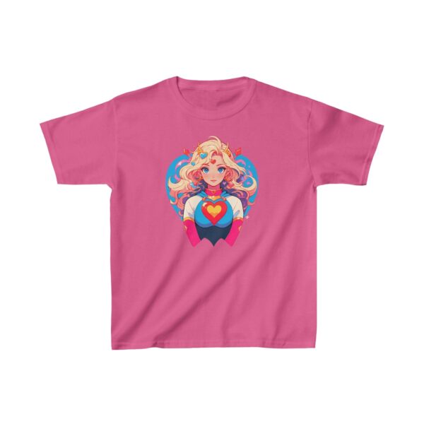 Superheroine graphic with flowing hair and heart emblem on heavy cotton tee