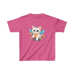 cute kitten with butterfly wings and heroic pose on a kids tee