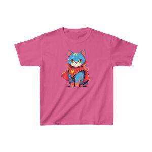 Kids Heavy Cotton Tee with a cartoon superhero cat wearing a red cape and heart emblem