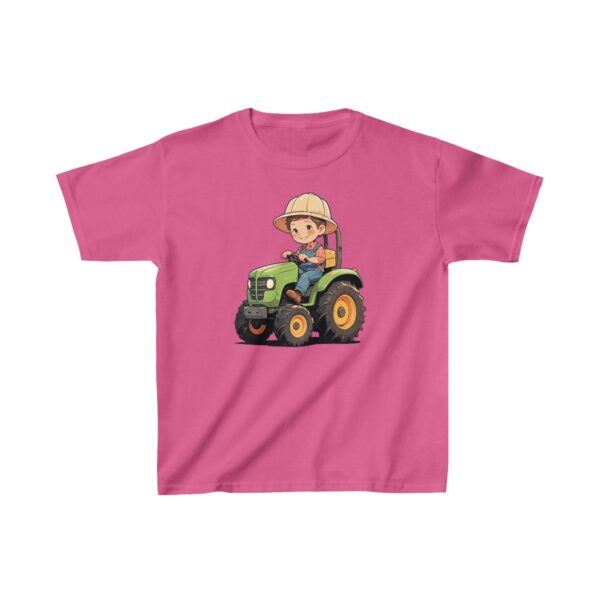 Kids Heavy Cotton Tee with a cartoon child driving a green tractor