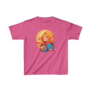 Superhero girl graphic with flowing hair and cape on heavy cotton tee