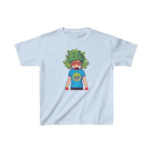 Superhero boy with mask and emblem on chest standing confidently on a Kids Heavy Cotton Tee