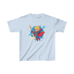 Superhero kid flying with cape and sword on a Kids Heavy Cotton Tee