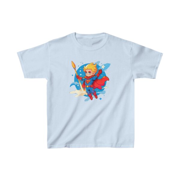 Superhero kid flying with cape and sword on a Kids Heavy Cotton Tee